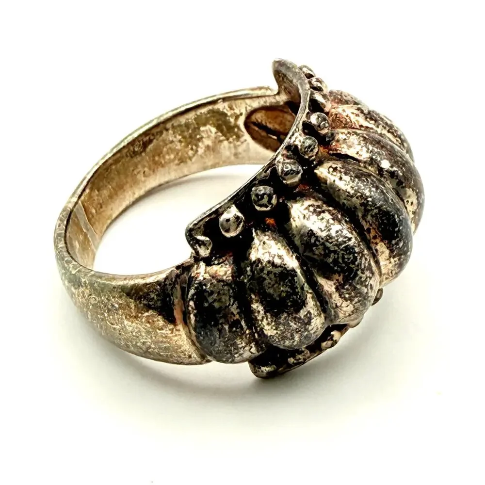 Vintage Sterling Silver Ring Size 6 Women's Domed Scalloped Beaded Artisan Boho